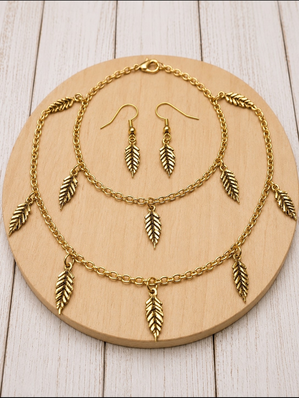 3pc Gold Leaf Charm Necklace, Bracelet & Earring Set - Women Jewelry